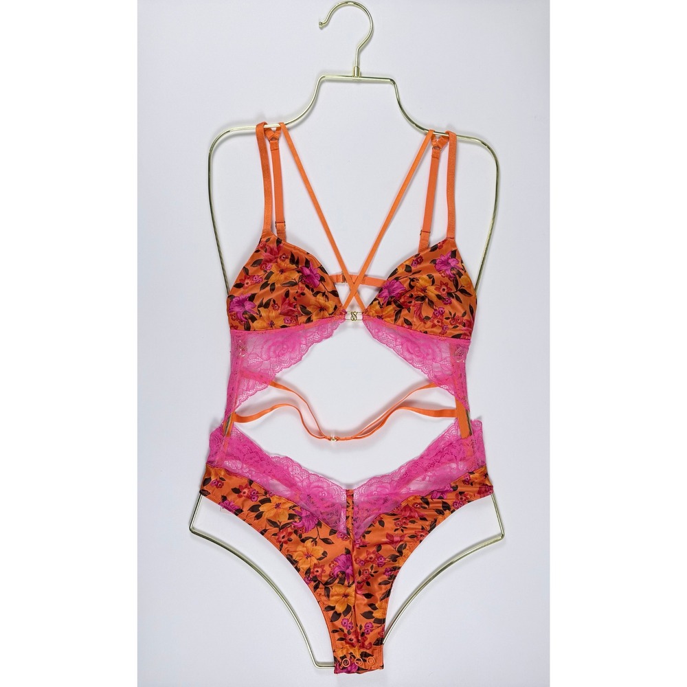 Victoria's Secret Very Sexy Satin Lace Strappy Cutout Teddy Pink Orange S NWT